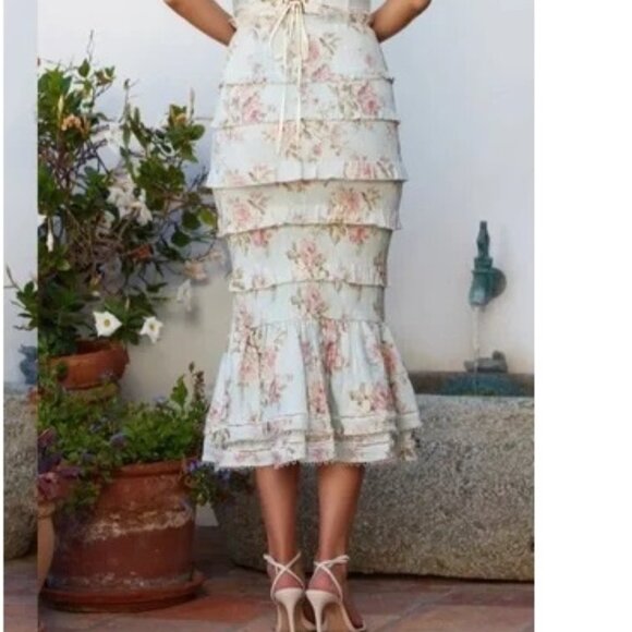 NWT V. CHAPMAN LINNEA SMOCKED RUFFLE TIER MIDI SKIRT IN TAPESTRY ROSE PRINT 2 - Picture 2 of 8
